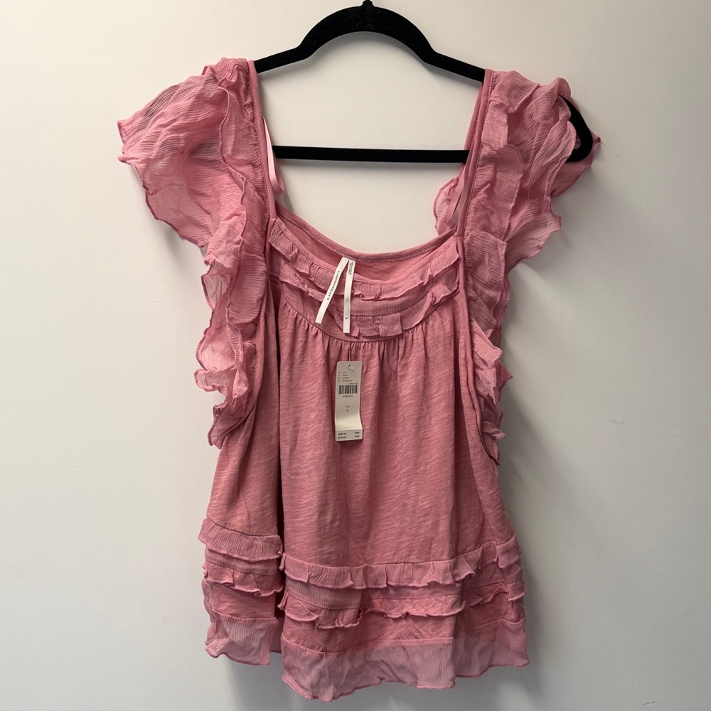 Anthropologie Pink Ruffle Short Sleeve Blouse